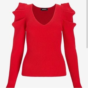 Red puffed sleeves v neck sweater